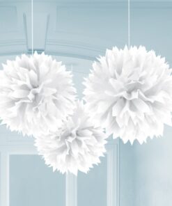 3 pompons en papier blanc déco à suspendre 40cm