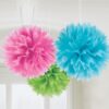 3 pompons vert anis bleu turquoise rose