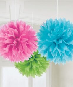 3 pompons vert anis bleu turquoise rose
