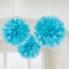 Deco 3 pompons en papier bleu turquoise 40cm