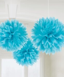 Deco 3 pompons en papier bleu turquoise 40cm