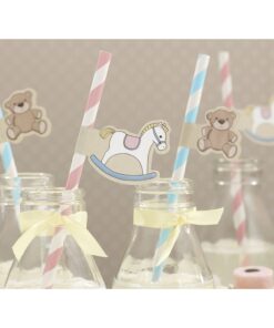 Pailles baby shower étiquettes ourson cheval bleu rose