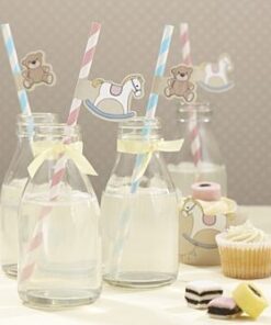 Pailles baby shower étiquettes ourson cheval bleu rose
