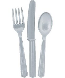 24 couverts en plastique gris argent anniversaire enfant