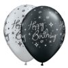 5 ballons qualatex Happy Birthday, noir argent