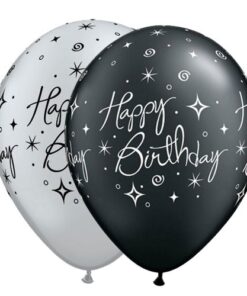5 ballons qualatex Happy Birthday, noir argent