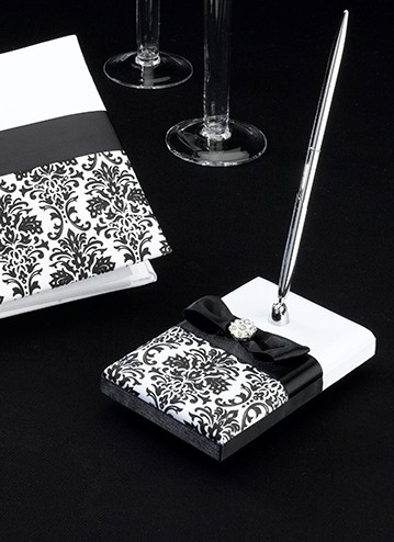 Porte-stylo Mariage, noir blanc damassé Porte-stylo Mariage, noir blanc damassé