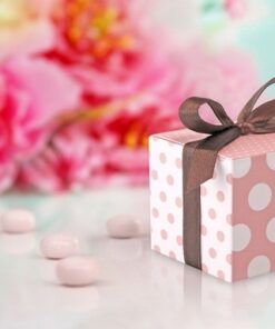 Boites à dragées baptême rose pois blancs ruban marron
