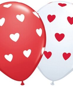 Ballons latex motifs coeurs rouge blanc (x 5)