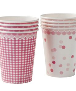8 gobelets rose 2 designs vichy et pois
