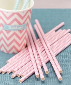 25 pailles papier chevron rose pale