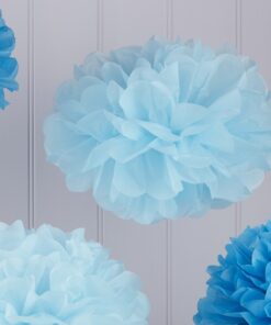 5 pompons en papier mix bleus assortis