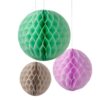 3 boules alvéolées en papier menthe mauve gris taupe