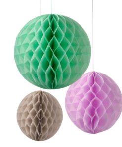 3 boules alvéolées en papier menthe mauve gris taupe