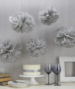 5 pompons gris argent boules en papier DIY