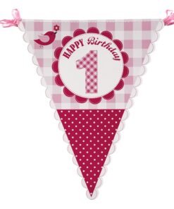 Guirlande fanion 1er anniversaire petit oiseau rose