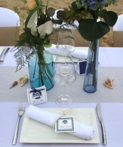 Chemin de table tissu rayé lin naturel blanc