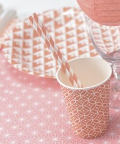 20 pailles rayées corail et blanc en papier