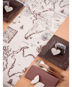 Chemin de table thème voyage carte vintage 3M lin