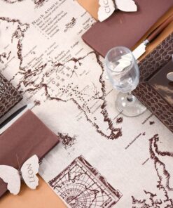 Chemin de table thème voyage carte vintage 3M lin