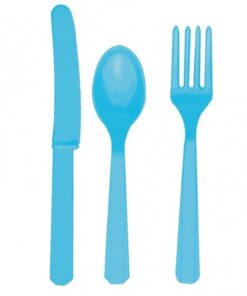 24 couverts en plastique bleu turquoise anniversaire enfant