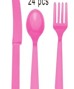 24 couverts en plastique rose vif fuchsia