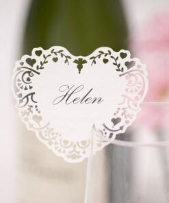 10 marque-place verre coeur dentelle blanche