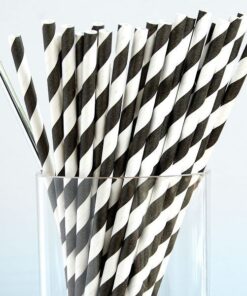25 Pailles rayées en papier noir blanc