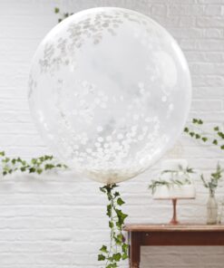 3 ballons ronds géants transparents confettis blanc