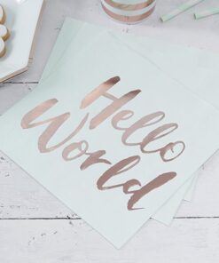 20 Serviettes Baby shower "Hello World" vert menthe