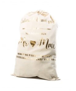 le sac cadeaux mariage en lin et or Mr et Mme