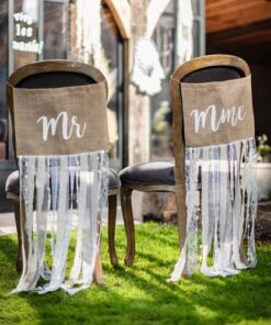 Fanions chaise mariage Mr et Mme jute dentelle ruban
