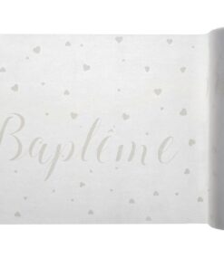 Chemin de table Baptême blanc coeur 30cm intisse