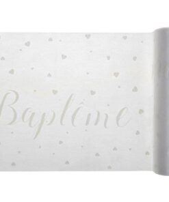 Chemin de table Baptême blanc coeur 30cm intisse