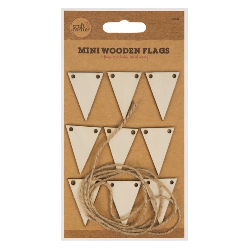 Mini guirlande 9 fanions bois ficelle jute Mini guirlande 9 fanions bois ficelle jute