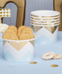 8 pots à bonbons chevron bleu ciel et or