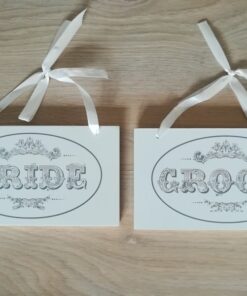 2 pancartes à suspendre Bride Groom gris blanc