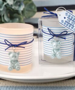 Bougeoir photophore baby shower ourson bleu marin