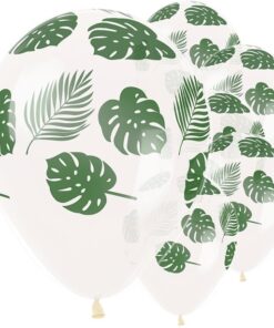 25 ballons blanc feuilles tropicales vertes